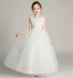 Robe Cortège Fille Formelle Naturel taille Appliques Glissière A-ligne