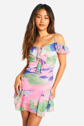 Robe courte à volants et imprimé flouté