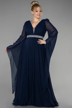 Robe de Soirée Grande Taille Longue Mousseline Bleu Marine ABU3543