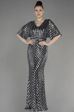 Robe De Soirée Grande Taille Longue Noir-Argent ABU2309