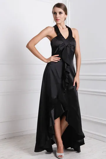 Robe noire décolleté V rétro à volants pour soirée mondaine