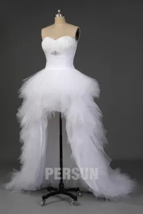 Stéphanie: Robe mariée spectaculaire court devant bustier plume jupe fantaisie